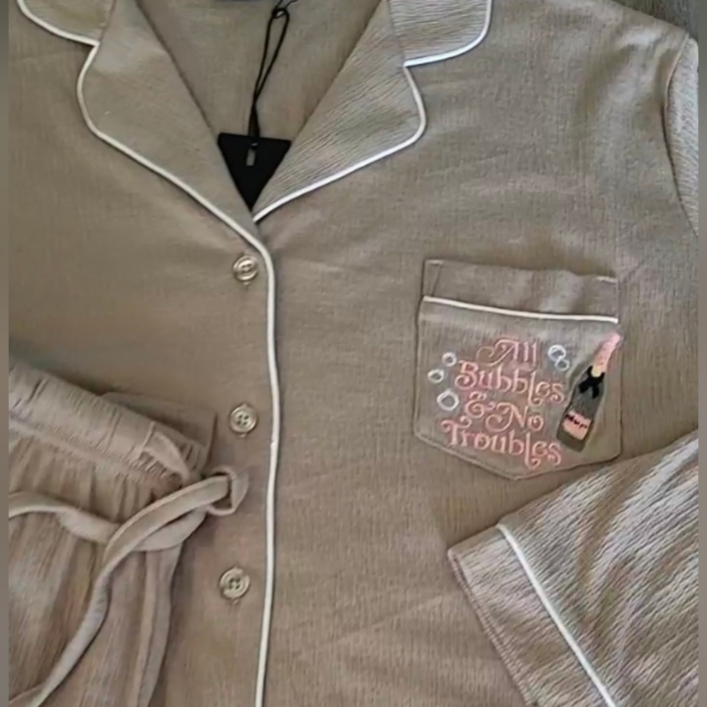 New Plush Women's Tan Pajama Set with White Trim LA|TC